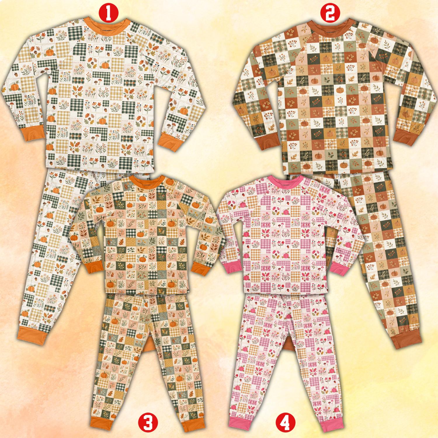 May include: Four sets of long-sleeved pajamas featuring a patchwork grid pattern. Set 1 has orange cuffs, set 2 has brown cuffs, set 3 has orange cuffs, and set 4 has pink cuffs. Each set displays various autumn-themed motifs like pumpkins and leaves.