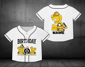 Personalized Construction Birthday Baseball Jersey, Custom Name Age Excavator Jersey, Birthday Boy Truck Party Outfit, Kids Birthday Jersey