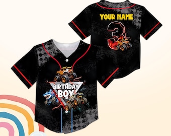 Monster Truck Birthday Baseball Jersey, Custom Name Age Birthday Boy Jersey, Personalized Birthday Squad Racing Party Jersey Outfit