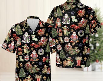 Louisiana Christmas Hawaiian Shirt, Cajun Santa Alligator Pelican Crawfish Button Up Shirt, Cajun Christmas Shirt, Southern Christmas Gift