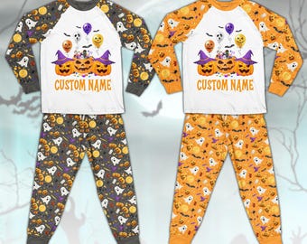 Personalized Halloween Pajamas, Custom Name Pumpkin Ghost PJ Set, Matching Family Halloween Sleepwear, Cute Spooky Kids Sleepwear