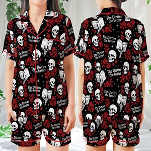 Dark Romance Lover Satin Pajamas, Skeleton Bookish Home Wear Pajamas Set, Spooky Reading Pajamas Set, Dark Academia Book Lover Gift