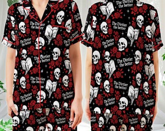 Pijama de satén para amantes del romance oscuro, pijama de esqueleto para el hogar, pijama de lectura espeluznante, regalo para amantes de los libros de Dark Academia