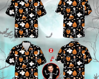 Custom Face Halloween Hawaiian Shirt, Personalized Skeleton Photo Shirt, Spooky Aloha Button Up, Funny Halloween Gift