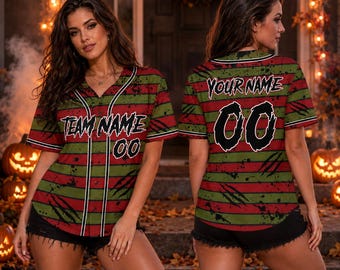 Red & Green Nightmare Striped Jersey, Custom Name Number Slasher Horror Baseball Jersey, Personalized Halloween Horror Jersey