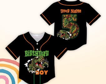 Personalized Dinosaur Birthday Baseball Jersey, Custom Name Age Dino Birthday Jersey, T Rex Birthday Boy Outfit, Kids Party Jersey