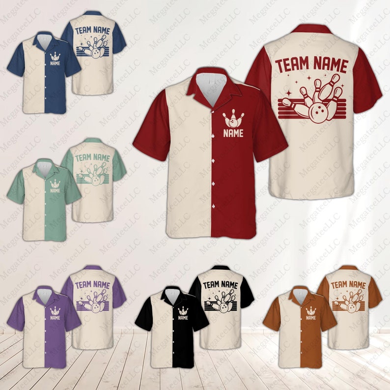 May include: Bowling shirts in various colors, including navy, green, burgundy, black, and brown. Each shirt features a two-tone design with a bowling pin and ball graphic, and the text "TEAM NAME" or "NAME".