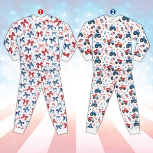 Cute 4th Of July Pajamas Set, Coquette Ribbon Stars And Stripes Long Sleeve Two Piece Pajama, Construction Truck Pajamas, US Flag Loungewear