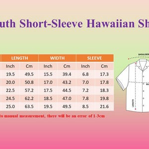 May include: Image of a size chart for Youth Short-Sleeve Hawaiian Shirts. The chart includes measurements in inches and centimeters for length, width, and sleeve, with sizes ranging from YXS to YXL. A diagram of the shirt is also included.