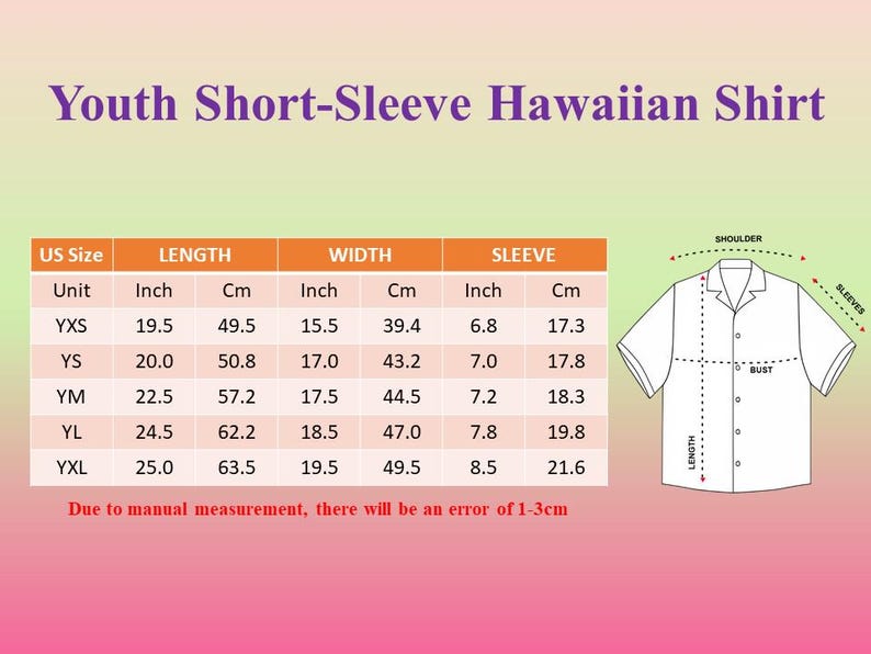 May include: Image of a size chart for Youth Short-Sleeve Hawaiian Shirts. The chart includes measurements in inches and centimeters for length, width, and sleeve, with sizes ranging from YXS to YXL. A diagram of the shirt is also included.