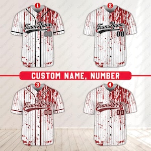 May include: White baseball jerseys with red blood splatter design and pinstripes. Each jersey features "Team Name" in black script, the number "00", and the text "CUSTOM NAME, NUMBER".
