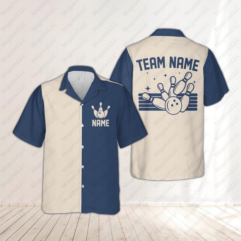 May include: Bowling-themed button-up shirt. The shirt features a cream-colored body with navy blue sleeves and a navy blue panel down the front. The front has a bowling pin graphic and the word "NAME". The back has a bowling graphic and the words "TEAM NAME".