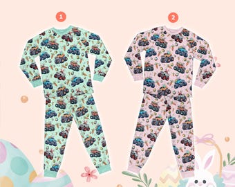 Cute Easter Truck Pajamas Set, Retro Egg Hunt Easter Long Sleeve Two Piece Pajama, Easter Day Truck Lover Pajamas Set, Matching Easter Gift