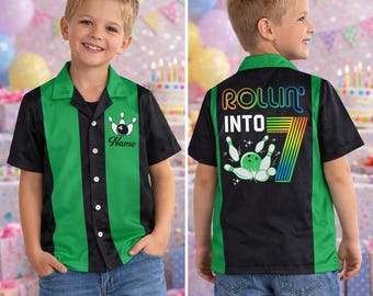 Personalized Rollin' Into Birthday Hawaiian Shirt, Kids Bowling Birthday Shirt, Custom Name & Age Bowling Button Up, Bowler Birthday Gift