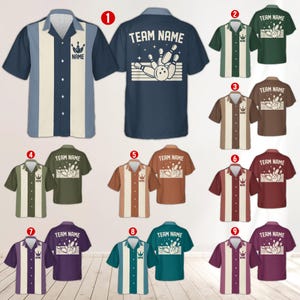 May include: Nine different bowling themed Hawaiian shirts with a bowling pin and ball graphic and the text "TEAM NAME". The shirts are in various colors including blue, green, brown, purple, and red.