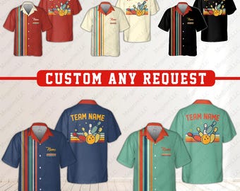 May include: Six different bowling themed Hawaiian shirts with a retro design. The shirts are in various colours including red, cream, black, blue, and green. The shirts feature a bowling ball and pins graphic with the text "TEAM NAME" on the back.