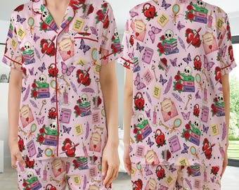 Pijama de satén para amantes de los libros de romance oscuro, pijama de fantasía para el hogar, pijama acogedor para leer, regalo para amantes de los libros de Dark Academia
