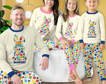 Custom Name Easter Pajamas Set, Personalized Easter Long Sleeve Two Piece Pajama, Cute Easter Day, Matching Family Boy Girl Easter Gift