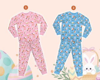 Lindo conjunto de pijama de conejito de Pascua, pijama retro de dos piezas de manga larga de Pascua, conjunto de pijama de conejo para el día de Pascua para niño y niña
