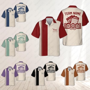 May include: A set of eight bowling themed shirts with a red, green, purple, black, and brown color scheme. The shirts have a white background with a vertical stripe down the center. The shirts feature a design of playing cards, bingo cards, and bowling pins. The text "TEAM NAME" is printed on the shirts.