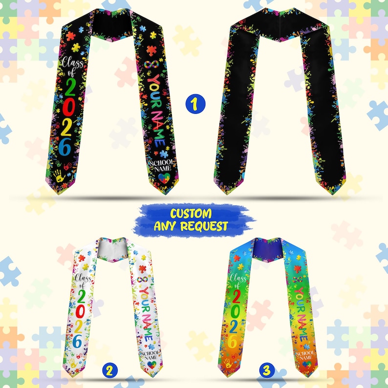 Autism Graduation Designs Autism Graduation Stole Class of 2026, Personalized Puzzle Piece ...