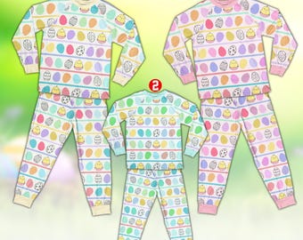 Cute Easter Eggs Pajamas Set, Retro Egg Hunt Easter Long Sleeve Two Piece Pajama, Cute Easter Day Pajamas Set, Matching Easter Pajamas Gift