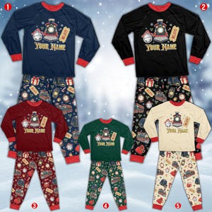 May include: Five sets of long-sleeve pajamas with red collars and cuffs. Each top features a graphic of a train, a bell, and a ticket with the text "BELIEVE" and "YOUR NAME". The pants feature a repeating pattern of trains, bells, and gifts.