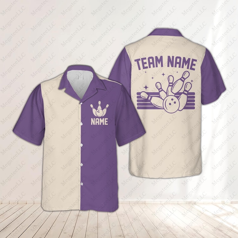May include: Bowling shirt with a cream and purple color block design. The front features a bowling pin graphic and the word "NAME". The back displays a bowling graphic with the text "TEAM NAME".