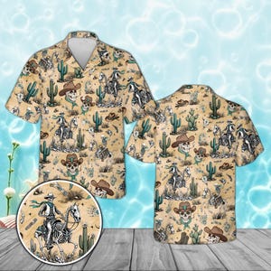 May include: Tan short-sleeved button-down shirt with a repeating pattern of cowboy skeleton figures, cacti, and cowboy hats. The shirt has a classic collar and a relaxed fit, perfect for casual wear. The design includes a circular inset with a detailed illustration of a cowboy skeleton on a horse.