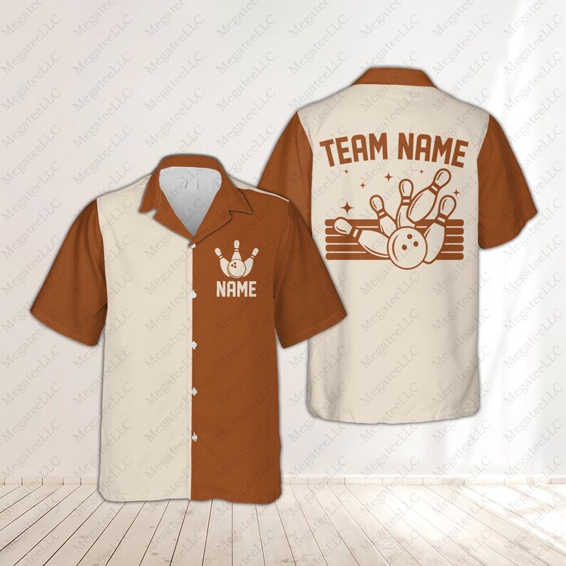 May include: A short-sleeved bowling shirt with a two-tone design in brown and cream. The front features a bowling pin graphic and the word "NAME". The back displays "TEAM NAME" above a bowling graphic.