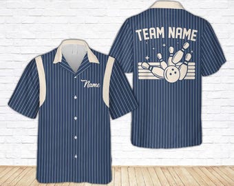 Retro Stripe Bowling Hawaiian Shirt, Custom Name Bowler Button Shirt, Matching Bowling Squad Shirt, Personalized Bowling Team Gift