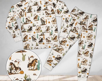 Cowboy Ghost Halloween Pajamas, Western Ghost Pajama Set, Cute Cowboy Halloween PJs, Pumpkin Desert Fall Sleepwear