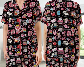 Valentine Book Lover Satin Pajama Set for Women, Bookish Sleepwear, Reading Lover Pajamas, Short or Long Pajamas, Valentine Gift for Readers