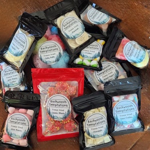 May include: Assortment of small clear plastic bags filled with freeze-dried fruit, candy, and yogurt bites. Each bag has a label with the text "Backwoods Temptations" and the name of the freeze-dried product.