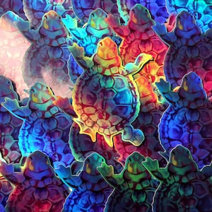 May include: A vibrant, colorful image featuring numerous stylized sea turtle illustrations. The turtles are depicted in a variety of hues, including blue, green, red, and yellow, with a shimmering, iridescent effect. The turtles appear to be waving.