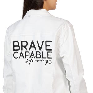 Boho Embroidered Denim Jacket – Unisex Jean Coat, Inspirational Quotes, White Denim, Gift for Men & Women, Festival Fashion