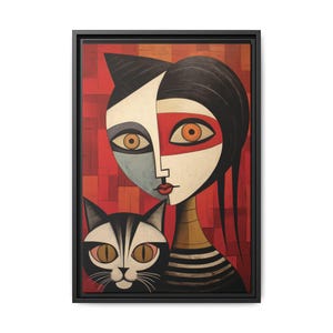Framed Cat Art Print: Colorful Whimsical Wall Decor - 16x24 Vertical