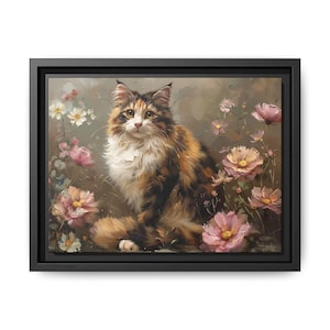 Framed Cat Art Print: Whimsical Floral Canvas Wall Decor