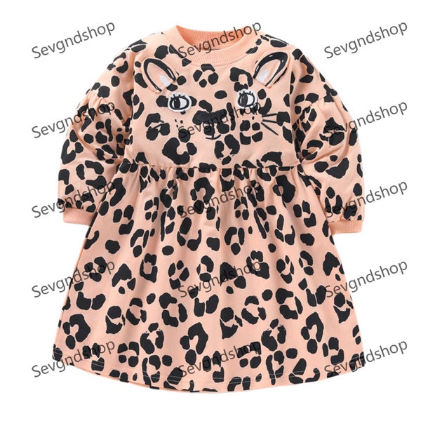 Dress, Autumn new long-sleeved cotton children's clothing leopard print cute cartoon children's dress
