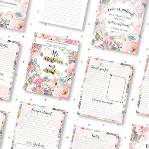 May include: A set of printable journal pages with floral designs and inspirational quotes. The pages include sections for scripture notes, verse application, reflections, prayer requests, and notes. The pages feature the quote "He Restores My Soul" and the scripture reference Psalm 23:3.