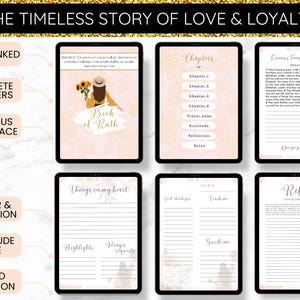 May include: A digital planner with a pink and white floral design. The planner includes sections for chapters, prayer requests, gratitude, and reflection. The cover features an illustration of a woman holding a book with the text "Book of Ruth".