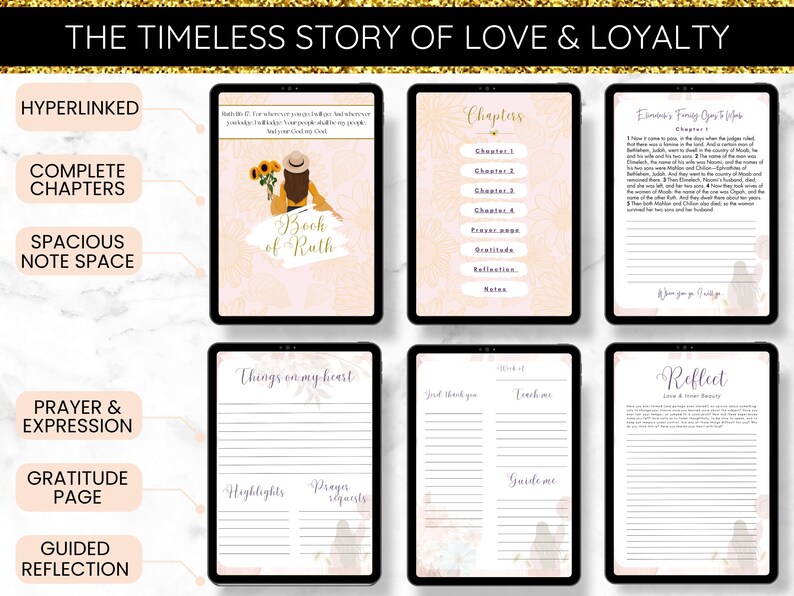 May include: A digital planner with a pink and white floral design. The planner includes sections for chapters, prayer requests, gratitude, and reflection. The cover features an illustration of a woman holding a book with the text "Book of Ruth".