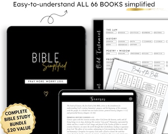 May include: A black Bible study bundle with the text "BIBLE Simplified" and "Pray More. Worry Less." The bundle includes a digital tablet displaying the book of Genesis, a book titled "Old Testament," and a guide to the books of the Bible.