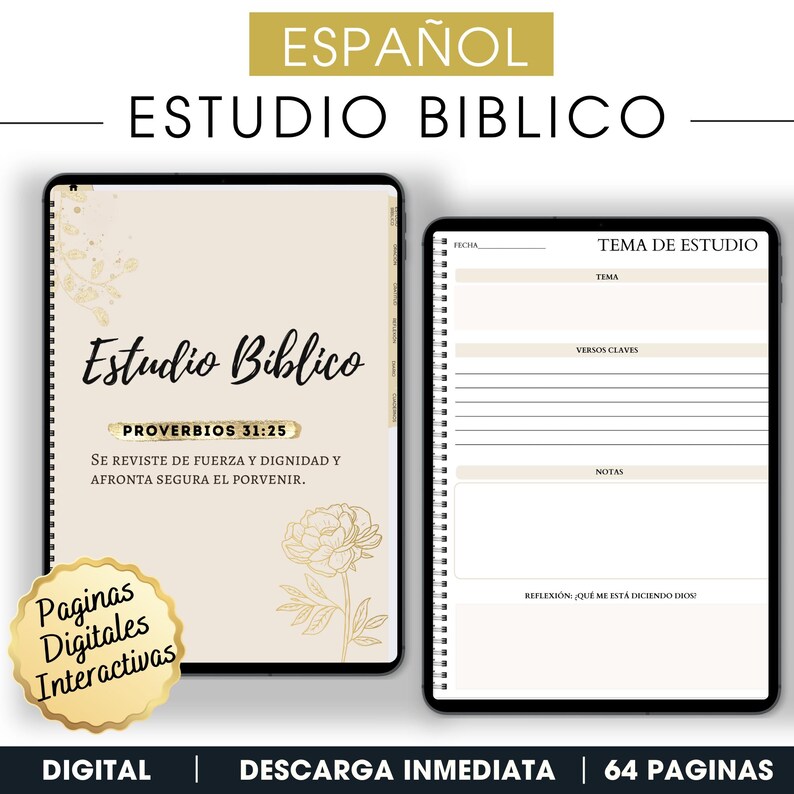 Peut inclure: Un journal d'&eacute;tude biblique num&eacute;rique imprimable en espagnol avec un motif floral dor&eacute;. La couverture pr&eacute;sente le texte "Estudio Biblico" et "Proverbios 31:25". Le journal comprend des sections pour la date, le sujet, les versets cl&eacute;s, les notes et la r&eacute;flexion.