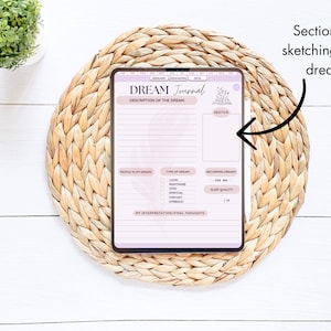 May include: A digital dream journal template on a tablet with a section for sketching your dream, a description of the dream, and a section for recording details about the dream, such as type of dream, recurring dream, sleep quality, and final thoughts.