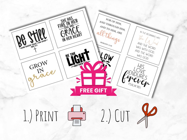May include: Printable cards with inspirational quotes and bible verses. The cards are white with black text and gold accents. The text includes quotes like "Be Still", "Grow in Grace", "She has fire in her soul and grace in her heart", "Be the light", "For of him, and through him, and to him, are all things", "In the beginning was the Word", and "His love endures forever".