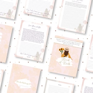 May include: A pink and white printable journal with floral designs and the text "Book of Ruth" in a brown circle. The journal is designed for taking notes and reflecting on the book of Ruth in the Bible.