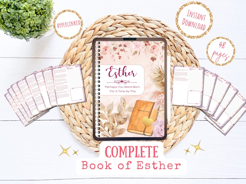Puede incluir: Una descarga digital imprimible de un diario de 48 p&aacute;ginas para el Libro de Ester. La portada presenta un dise&ntilde;o floral con el t&iacute;tulo "Ester" y la cita "Quiz&aacute;s naciste para un tiempo como este".
