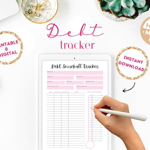 May include: Printable and digital debt snowball tracker with a pink and gold glitter design. The tracker includes sections for debt name, interest rate, minimum payment, and total budget. The tracker also includes a visual progress thermometer.
