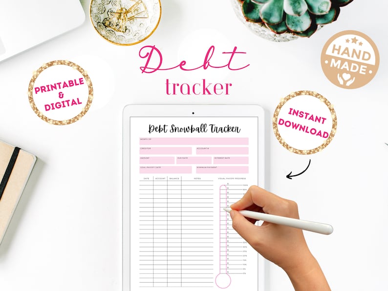 May include: Printable and digital debt snowball tracker with a pink and gold glitter design. The tracker includes sections for debt name, interest rate, minimum payment, and total budget. The tracker also includes a visual progress thermometer.